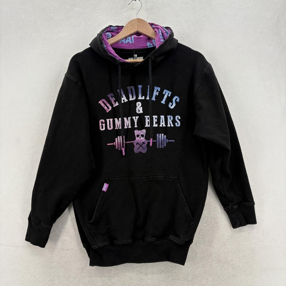 All American Roughneck Hoodie Mens Small Black Deadlifts & Gummy Bears Graphic